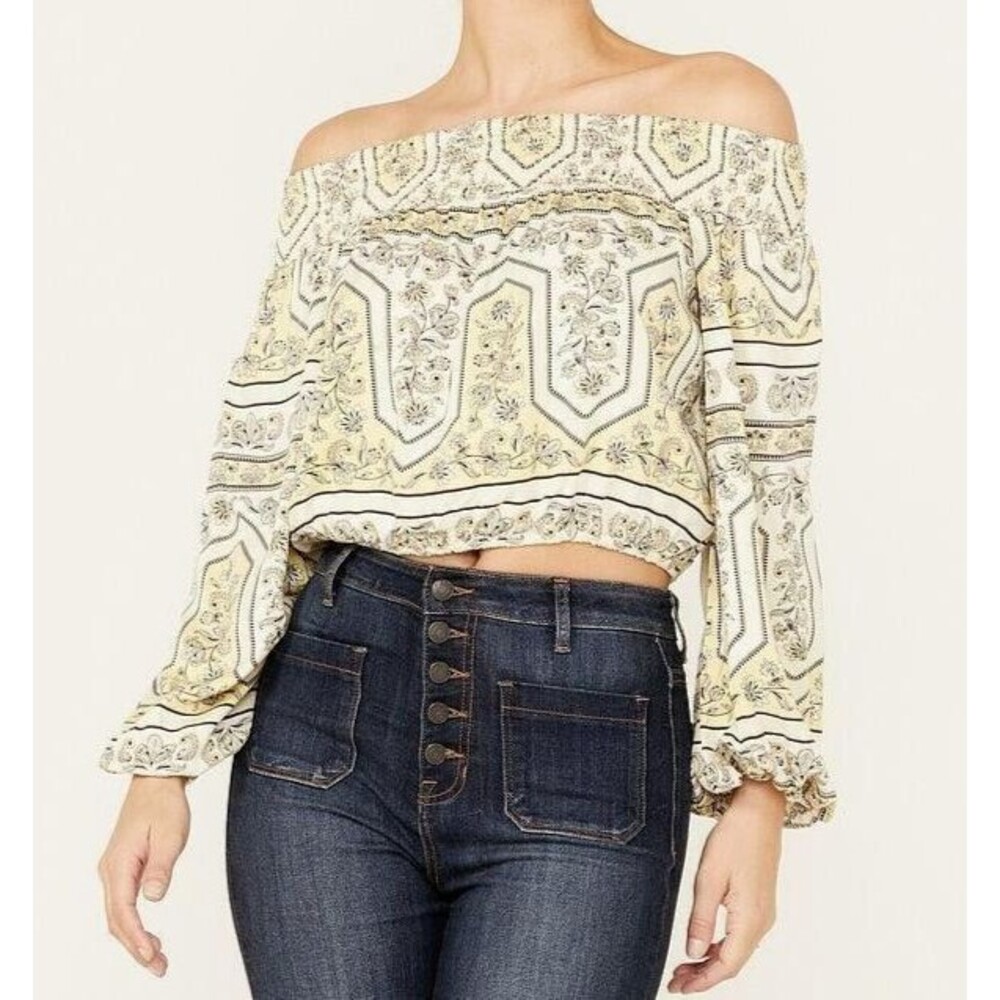 Wrangler Retro Off Shoulder Top Cropped Blouse Floral Print Long Sleeve Size M